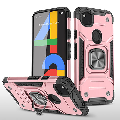 Coque Contour Silicone et Plastique Housse Etui Mat avec Aimant Magnetique Support MQ1 pour Google Pixel 4a Or Rose