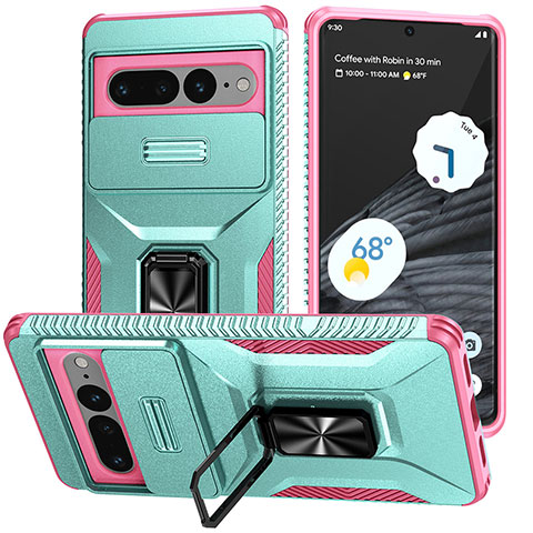 Coque Contour Silicone et Plastique Housse Etui Mat avec Aimant Magnetique Support MQ1 pour Google Pixel 7 Pro 5G Cyan