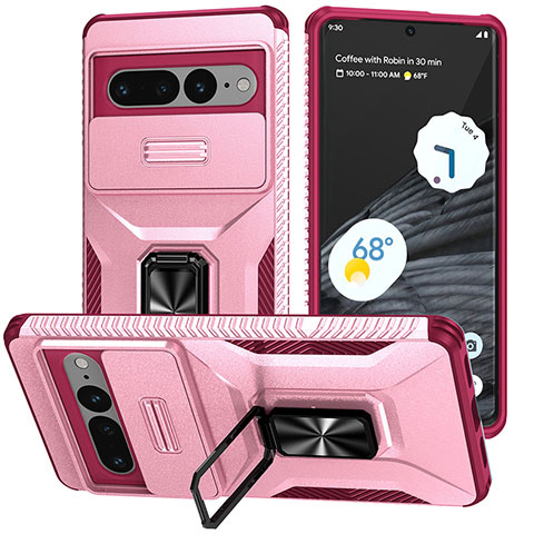 Coque Contour Silicone et Plastique Housse Etui Mat avec Aimant Magnetique Support MQ1 pour Google Pixel 7 Pro 5G Rose Rouge