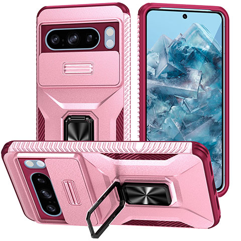 Coque Contour Silicone et Plastique Housse Etui Mat avec Aimant Magnetique Support MQ1 pour Google Pixel 8 Pro 5G Rose Rouge