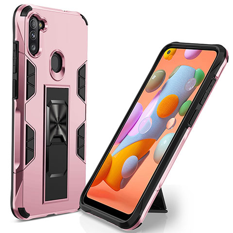 Coque Contour Silicone et Plastique Housse Etui Mat avec Aimant Magnetique Support MQ1 pour Samsung Galaxy A11 Or Rose