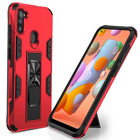 Coque Contour Silicone et Plastique Housse Etui Mat avec Aimant Magnetique Support MQ1 pour Samsung Galaxy A11 Rouge