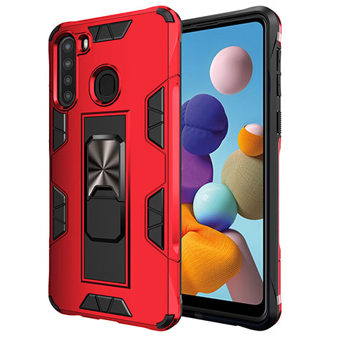 Coque Contour Silicone et Plastique Housse Etui Mat avec Aimant Magnetique Support MQ1 pour Samsung Galaxy A21 Rouge