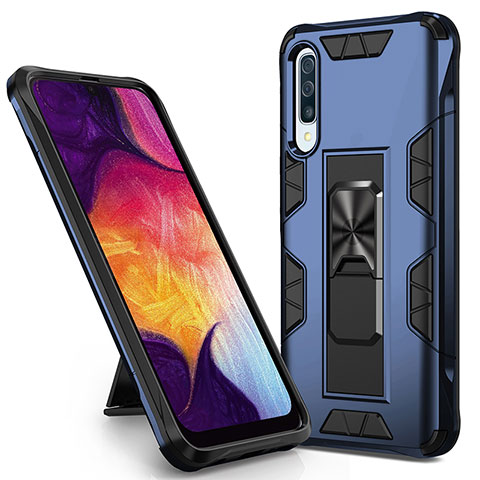 Coque Contour Silicone et Plastique Housse Etui Mat avec Aimant Magnetique Support MQ1 pour Samsung Galaxy A50 Bleu