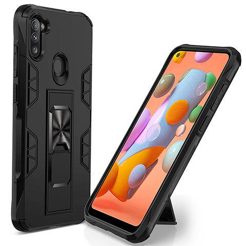 Coque Contour Silicone et Plastique Housse Etui Mat avec Aimant Magnetique Support MQ1 pour Samsung Galaxy M11 Noir