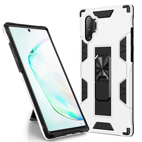 Coque Contour Silicone et Plastique Housse Etui Mat avec Aimant Magnetique Support MQ1 pour Samsung Galaxy Note 10 Plus 5G Blanc