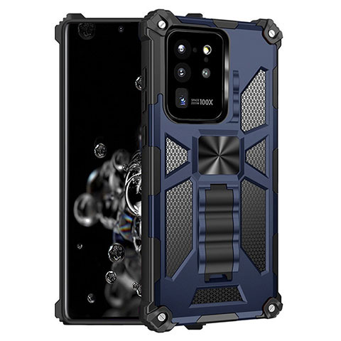 Coque Contour Silicone et Plastique Housse Etui Mat avec Aimant Magnetique Support MQ1 pour Samsung Galaxy S20 Ultra 5G Bleu