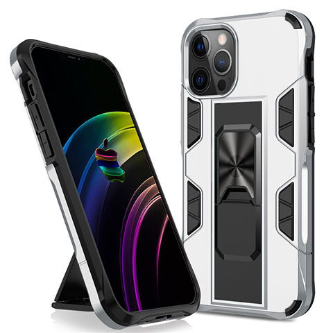 Coque Contour Silicone et Plastique Housse Etui Mat avec Aimant Magnetique Support pour Apple iPhone 12 Pro Argent