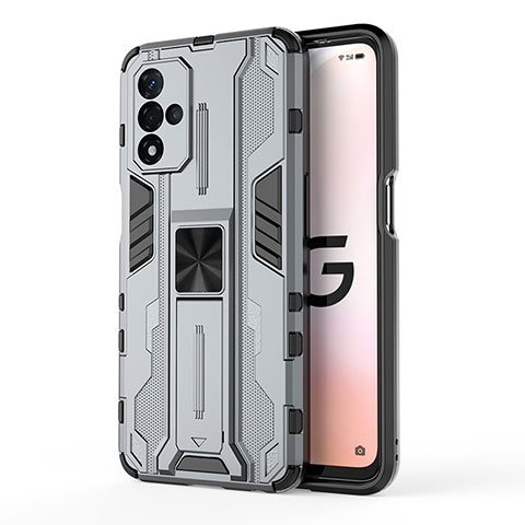 Coque Contour Silicone et Plastique Housse Etui Mat avec Aimant Magnetique Support pour Oppo A93s 5G Gris