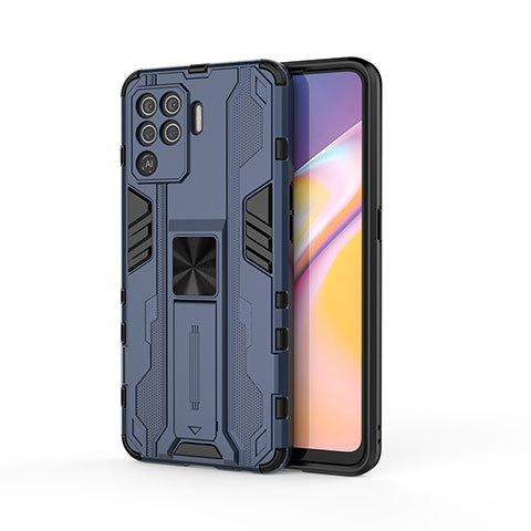 Coque Contour Silicone et Plastique Housse Etui Mat avec Aimant Magnetique Support pour Oppo Reno5 Lite Bleu