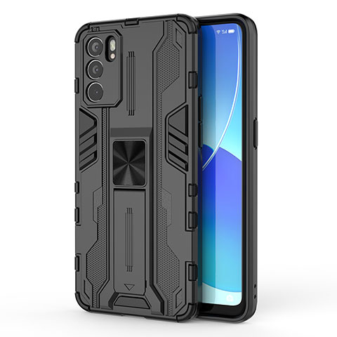 Coque Contour Silicone et Plastique Housse Etui Mat avec Aimant Magnetique Support pour Oppo Reno6 5G Noir