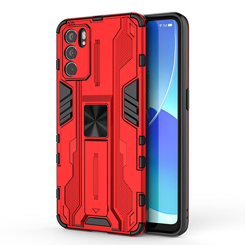 Coque Contour Silicone et Plastique Housse Etui Mat avec Aimant Magnetique Support pour Oppo Reno6 5G Rouge