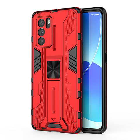 Coque Contour Silicone et Plastique Housse Etui Mat avec Aimant Magnetique Support pour Oppo Reno6 Pro 5G India Rouge