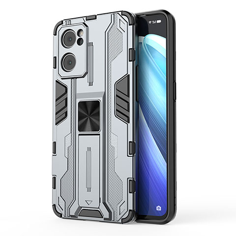 Coque Contour Silicone et Plastique Housse Etui Mat avec Aimant Magnetique Support pour Oppo Reno7 5G Gris