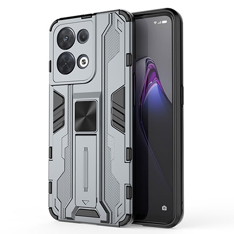 Coque Contour Silicone et Plastique Housse Etui Mat avec Aimant Magnetique Support pour Oppo Reno8 5G Gris