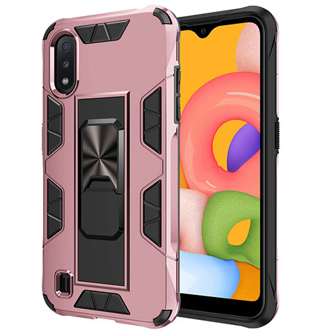 Coque Contour Silicone et Plastique Housse Etui Mat avec Aimant Magnetique Support pour Samsung Galaxy A01 SM-A015 Or Rose