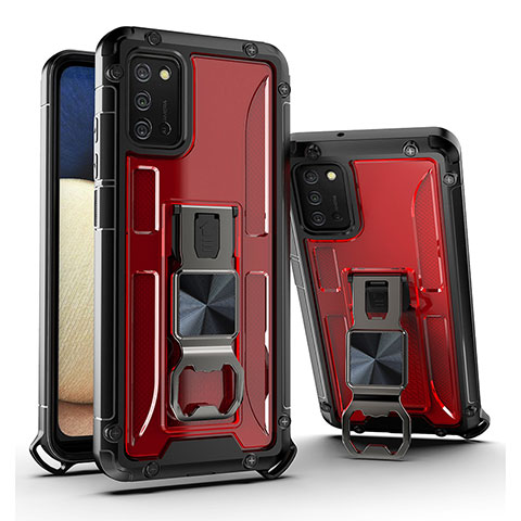 Coque Contour Silicone et Plastique Housse Etui Mat avec Aimant Magnetique Support Q01W pour Samsung Galaxy A02s Rouge