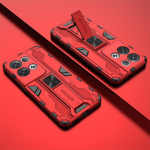 Coque Contour Silicone et Plastique Housse Etui Mat avec Aimant Magnetique Support T01 pour Oppo Reno8 Pro 5G Rouge