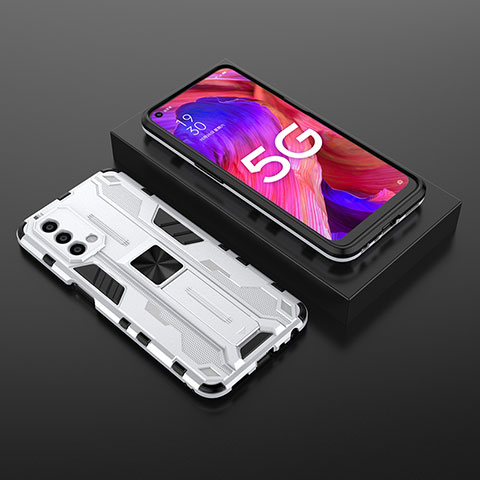 Coque Contour Silicone et Plastique Housse Etui Mat avec Aimant Magnetique Support T02 pour OnePlus Nord N200 5G Blanc