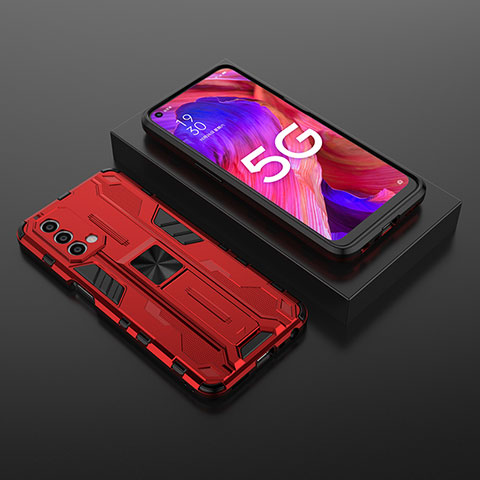 Coque Contour Silicone et Plastique Housse Etui Mat avec Aimant Magnetique Support T02 pour Oppo A93 5G Rouge