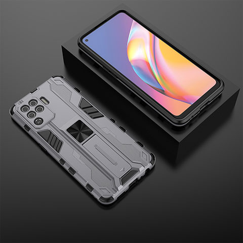 Coque Contour Silicone et Plastique Housse Etui Mat avec Aimant Magnetique Support T02 pour Oppo A94 4G Gris