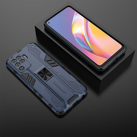 Coque Contour Silicone et Plastique Housse Etui Mat avec Aimant Magnetique Support T02 pour Oppo Reno5 F Bleu