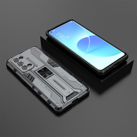 Coque Contour Silicone et Plastique Housse Etui Mat avec Aimant Magnetique Support T02 pour Oppo Reno6 Pro 5G Gris