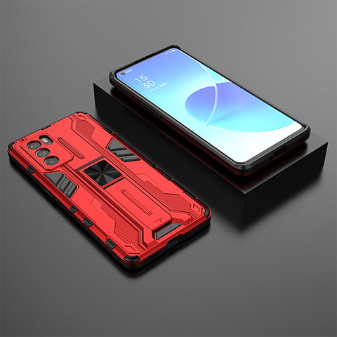 Coque Contour Silicone et Plastique Housse Etui Mat avec Aimant Magnetique Support T02 pour Oppo Reno6 Pro 5G India Rouge