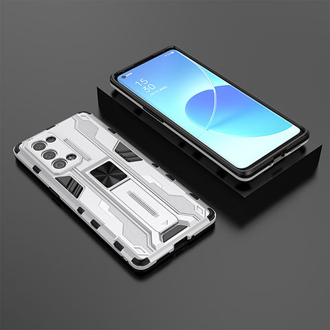 Coque Contour Silicone et Plastique Housse Etui Mat avec Aimant Magnetique Support T02 pour Oppo Reno6 Pro+ Plus 5G Blanc