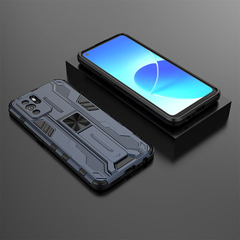 Coque Contour Silicone et Plastique Housse Etui Mat avec Aimant Magnetique Support T02 pour Oppo Reno6 Z 5G Bleu