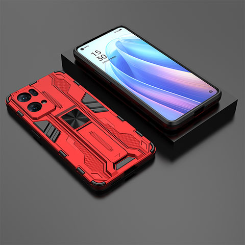 Coque Contour Silicone et Plastique Housse Etui Mat avec Aimant Magnetique Support T02 pour Oppo Reno7 Pro 5G Rouge