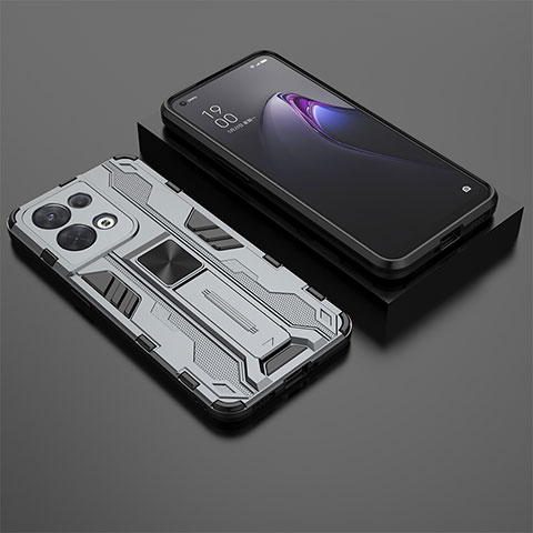 Coque Contour Silicone et Plastique Housse Etui Mat avec Aimant Magnetique Support T02 pour Oppo Reno9 Pro 5G Gris