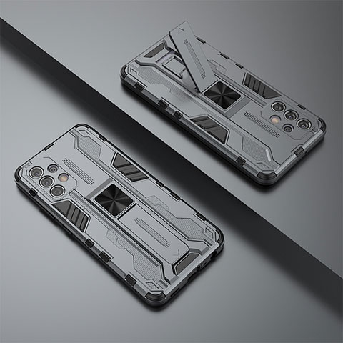 Coque Contour Silicone et Plastique Housse Etui Mat avec Aimant Magnetique Support T02 pour Samsung Galaxy M32 5G Gris