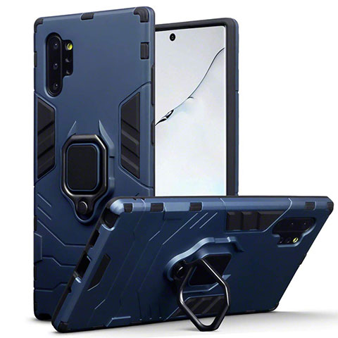 Coque Contour Silicone et Plastique Housse Etui Mat avec Magnetique Support A03 pour Samsung Galaxy Note 10 Plus 5G Bleu