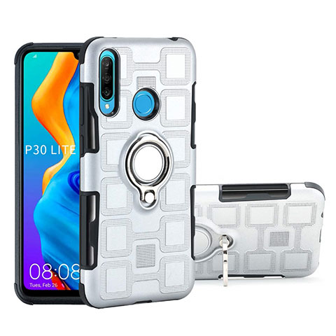 Coque Contour Silicone et Plastique Housse Etui Mat avec Magnetique Support Bague Anneau A01 pour Huawei Nova 4e Argent