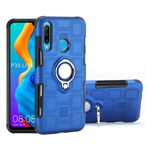 Coque Contour Silicone et Plastique Housse Etui Mat avec Magnetique Support Bague Anneau A01 pour Huawei Nova 4e Bleu Ciel