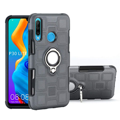 Coque Contour Silicone et Plastique Housse Etui Mat avec Magnetique Support Bague Anneau A01 pour Huawei Nova 4e Gris