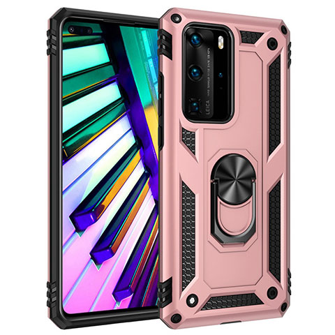 Coque Contour Silicone et Plastique Housse Etui Mat avec Magnetique Support Bague Anneau C01 pour Huawei P40 Pro Or Rose