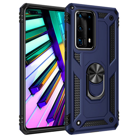 Coque Contour Silicone et Plastique Housse Etui Mat avec Magnetique Support Bague Anneau C01 pour Huawei P40 Pro+ Plus Bleu