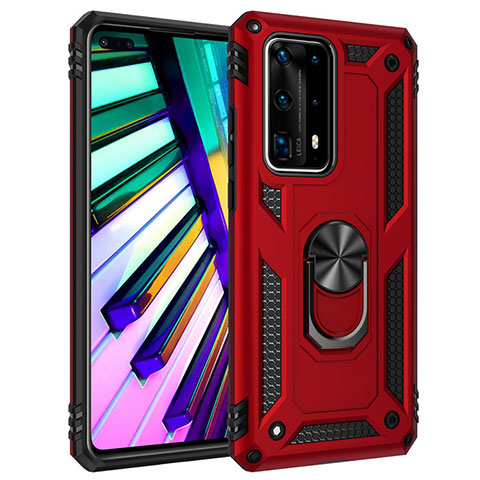 Coque Contour Silicone et Plastique Housse Etui Mat avec Magnetique Support Bague Anneau C01 pour Huawei P40 Pro+ Plus Rouge