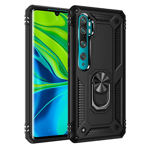 Coque Contour Silicone et Plastique Housse Etui Mat avec Magnetique Support Bague Anneau D01 pour Xiaomi Mi Note 10 Pro Noir