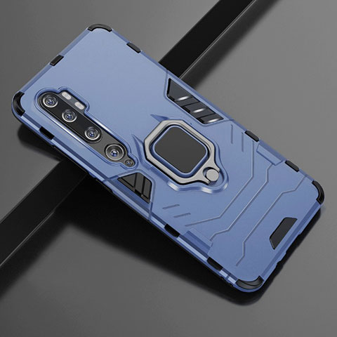 Coque Contour Silicone et Plastique Housse Etui Mat avec Magnetique Support Bague Anneau D02 pour Xiaomi Mi Note 10 Bleu