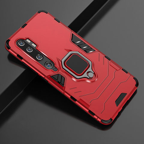 Coque Contour Silicone et Plastique Housse Etui Mat avec Magnetique Support Bague Anneau D02 pour Xiaomi Mi Note 10 Rouge