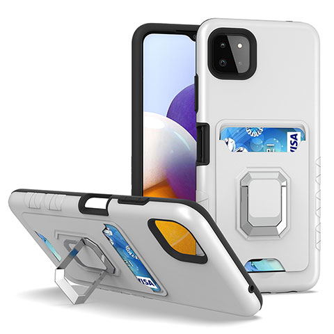 Coque Contour Silicone et Plastique Housse Etui Mat avec Magnetique Support Bague Anneau J01S pour Samsung Galaxy A22s 5G Argent