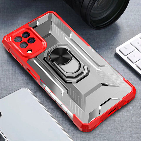 Coque Contour Silicone et Plastique Housse Etui Mat avec Magnetique Support Bague Anneau J01S pour Samsung Galaxy F22 4G Rouge