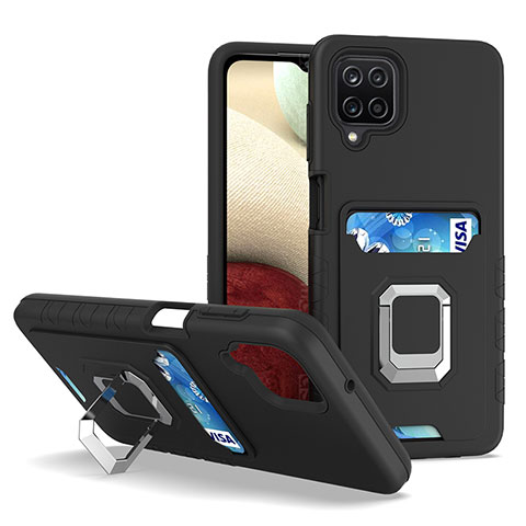 Coque Contour Silicone et Plastique Housse Etui Mat avec Magnetique Support Bague Anneau J01S pour Samsung Galaxy M12 Noir