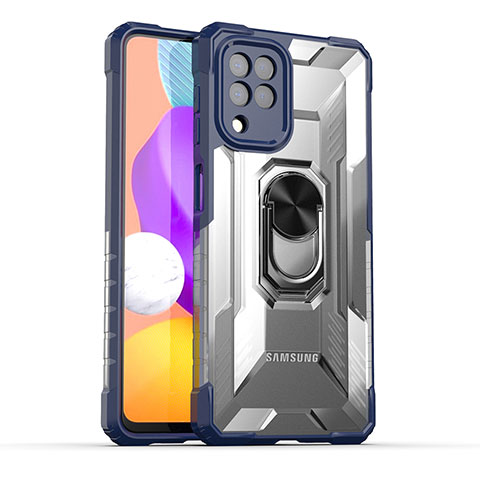 Coque Contour Silicone et Plastique Housse Etui Mat avec Magnetique Support Bague Anneau J02S pour Samsung Galaxy M32 4G Bleu