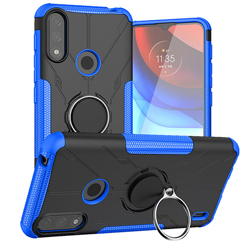 Coque Contour Silicone et Plastique Housse Etui Mat avec Magnetique Support Bague Anneau JX1 pour Motorola Moto E7 Power Bleu