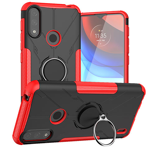 Coque Contour Silicone et Plastique Housse Etui Mat avec Magnetique Support Bague Anneau JX1 pour Motorola Moto E7 Power Rouge