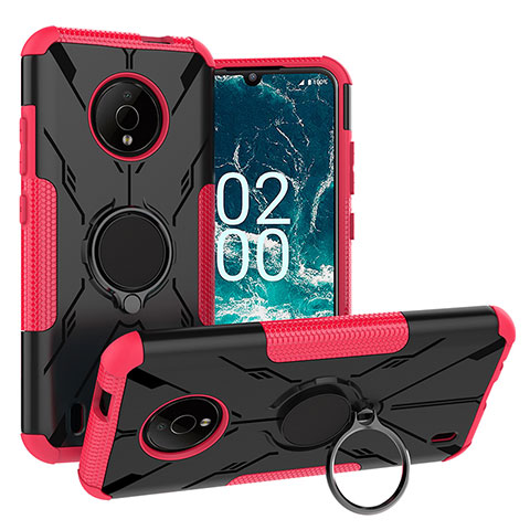 Coque Contour Silicone et Plastique Housse Etui Mat avec Magnetique Support Bague Anneau JX1 pour Nokia C200 Rose Rouge